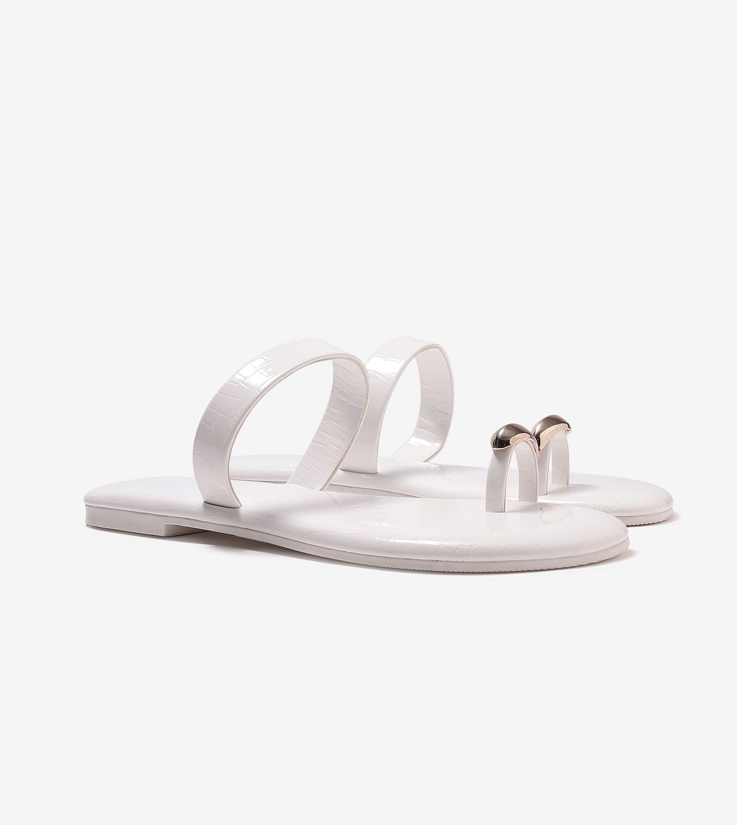 Patent Flat Sandals With Metallic Embellishment - White