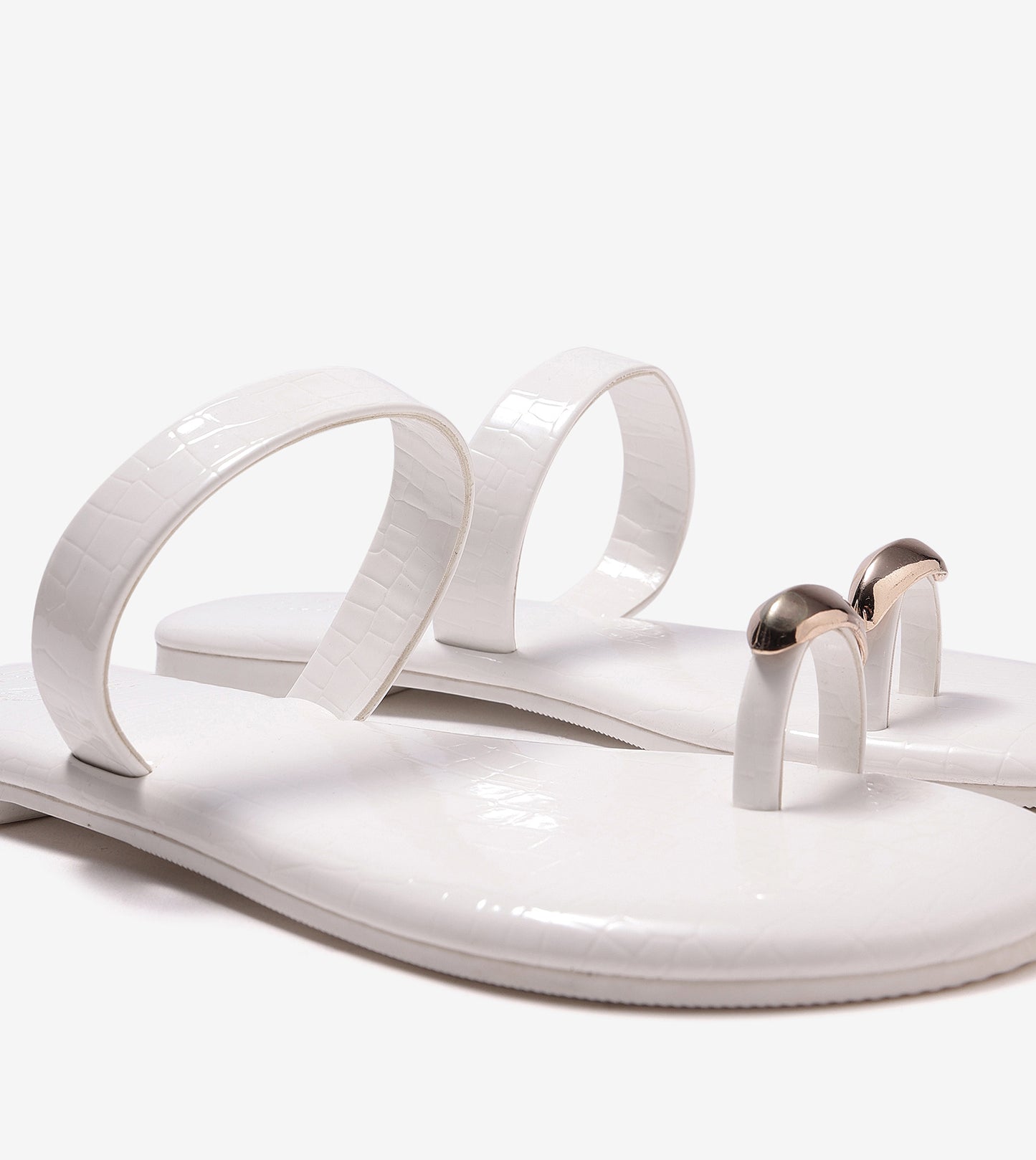 Patent Flat Sandals With Metallic Embellishment - White