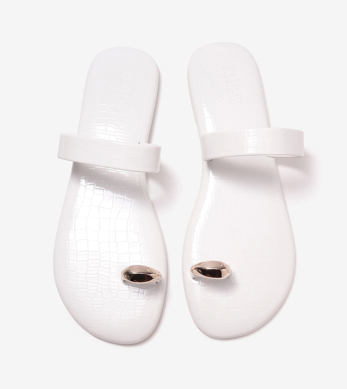 Patent Flat Sandals With Metallic Embellishment - White