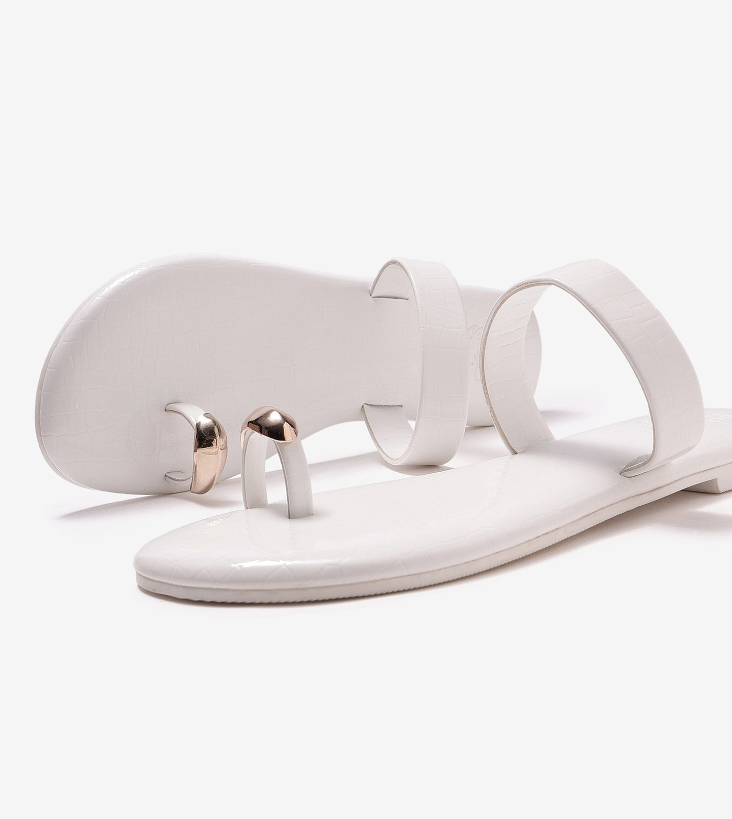 Patent Flat Sandals With Metallic Embellishment - White