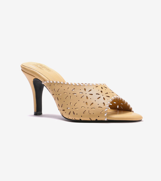 Laser Cutwork Stiletto Mules - Yellow
