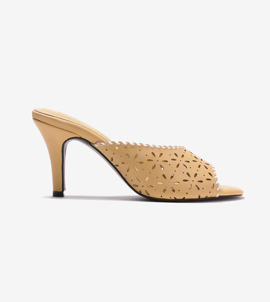 Laser Cutwork Stiletto Mules - Yellow