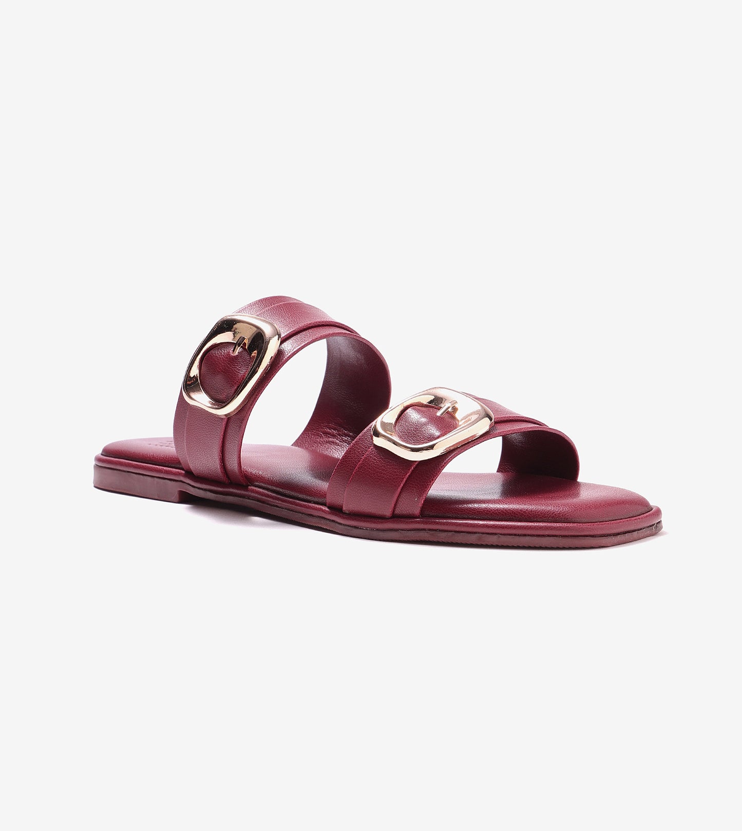Double Strap Buckled Flat Sandals - Maroon