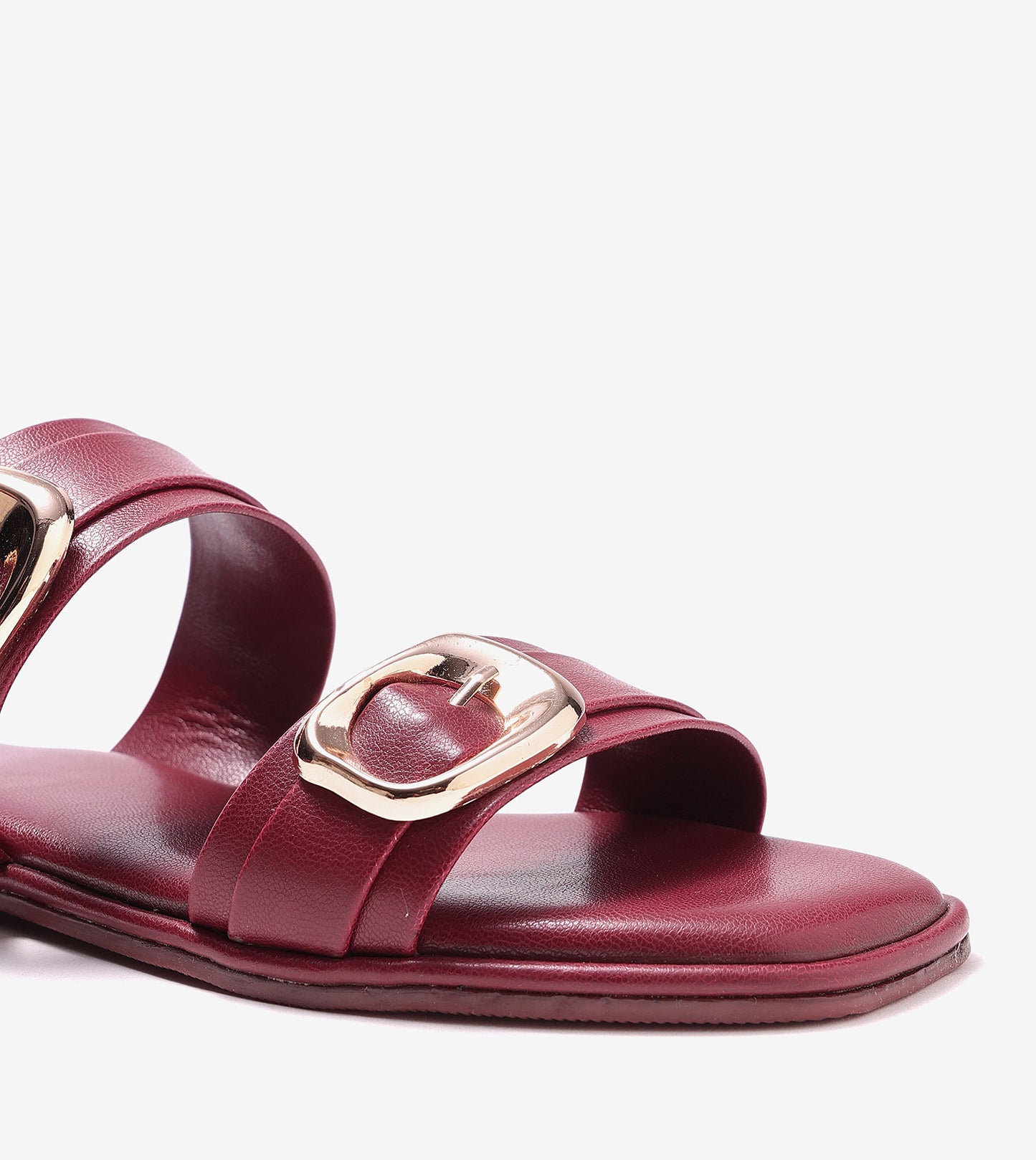 Double Strap Buckled Flat Sandals - Maroon