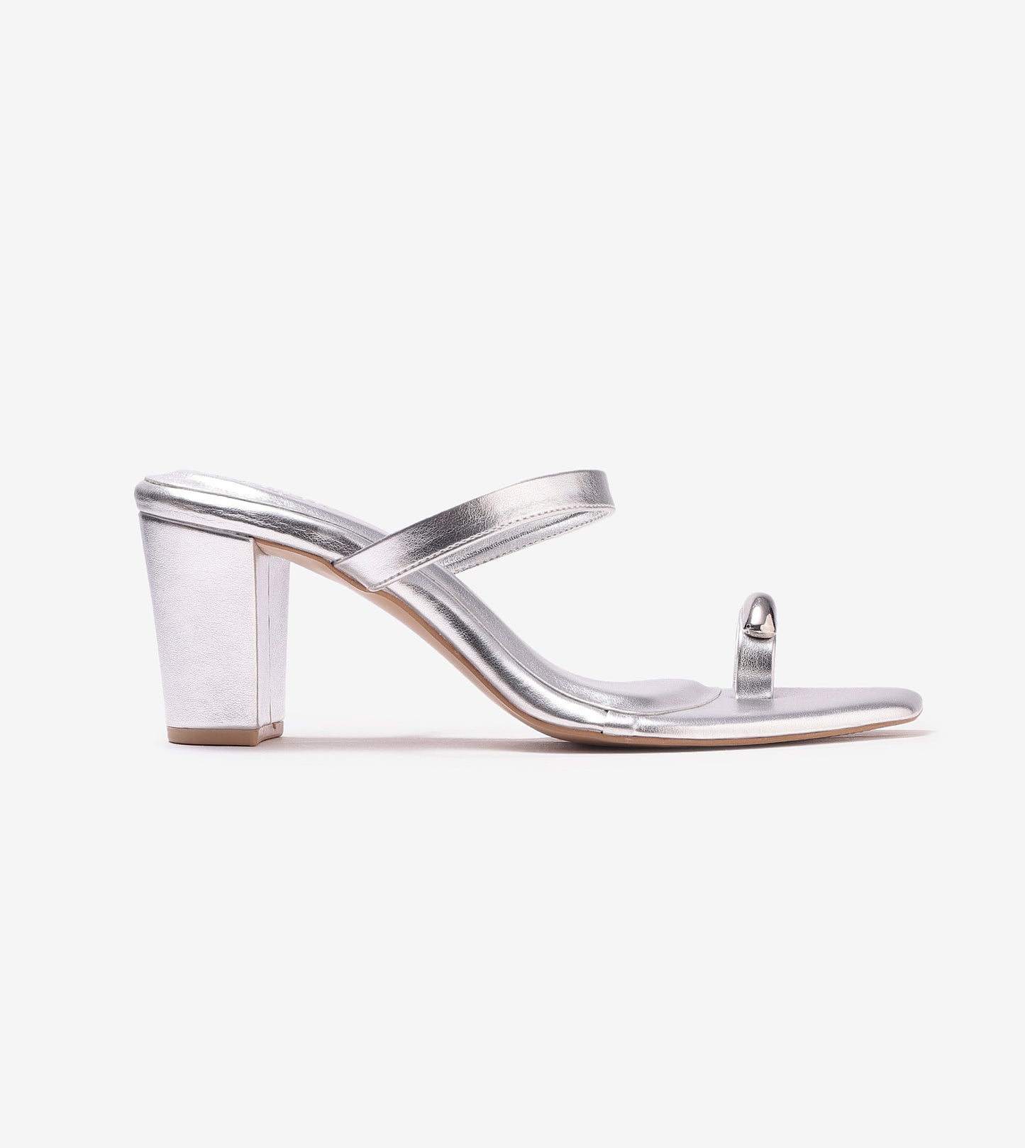 Metallic Accent Toe-Ring Heeled Mules - Silver