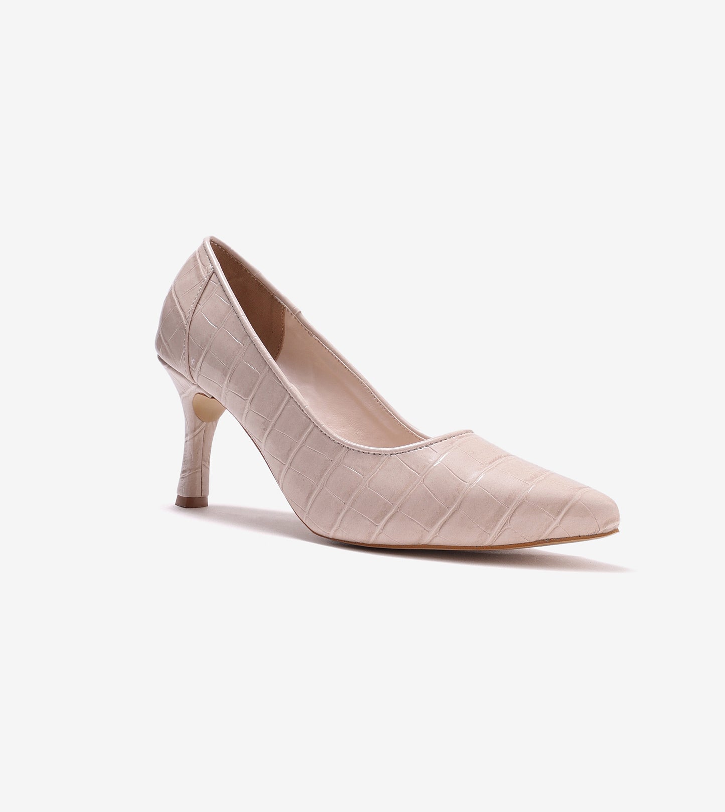 Patent Croc-Effect Print Pointed Toe Pumps - Cream