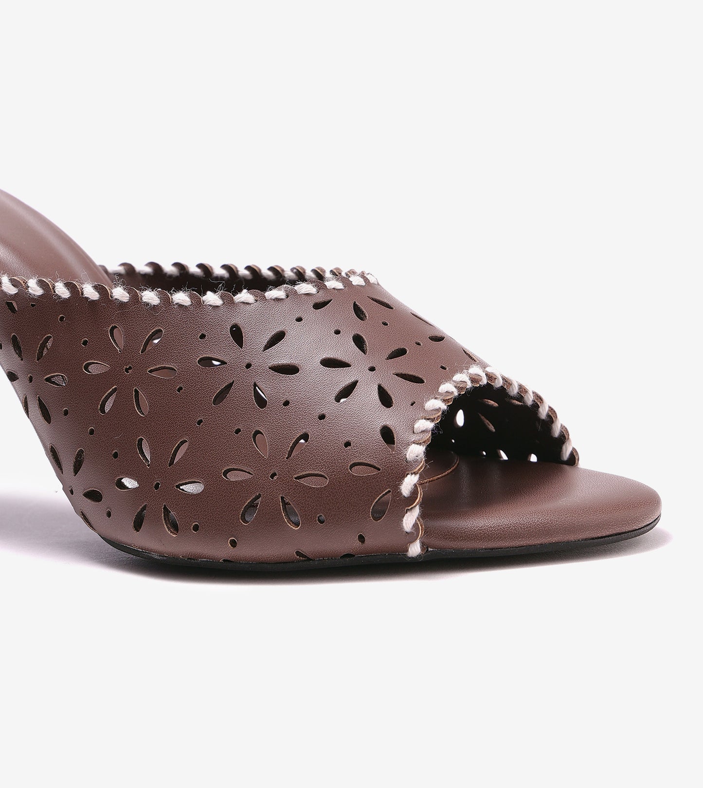 Laser Cutwork Stiletto Mules - Brown