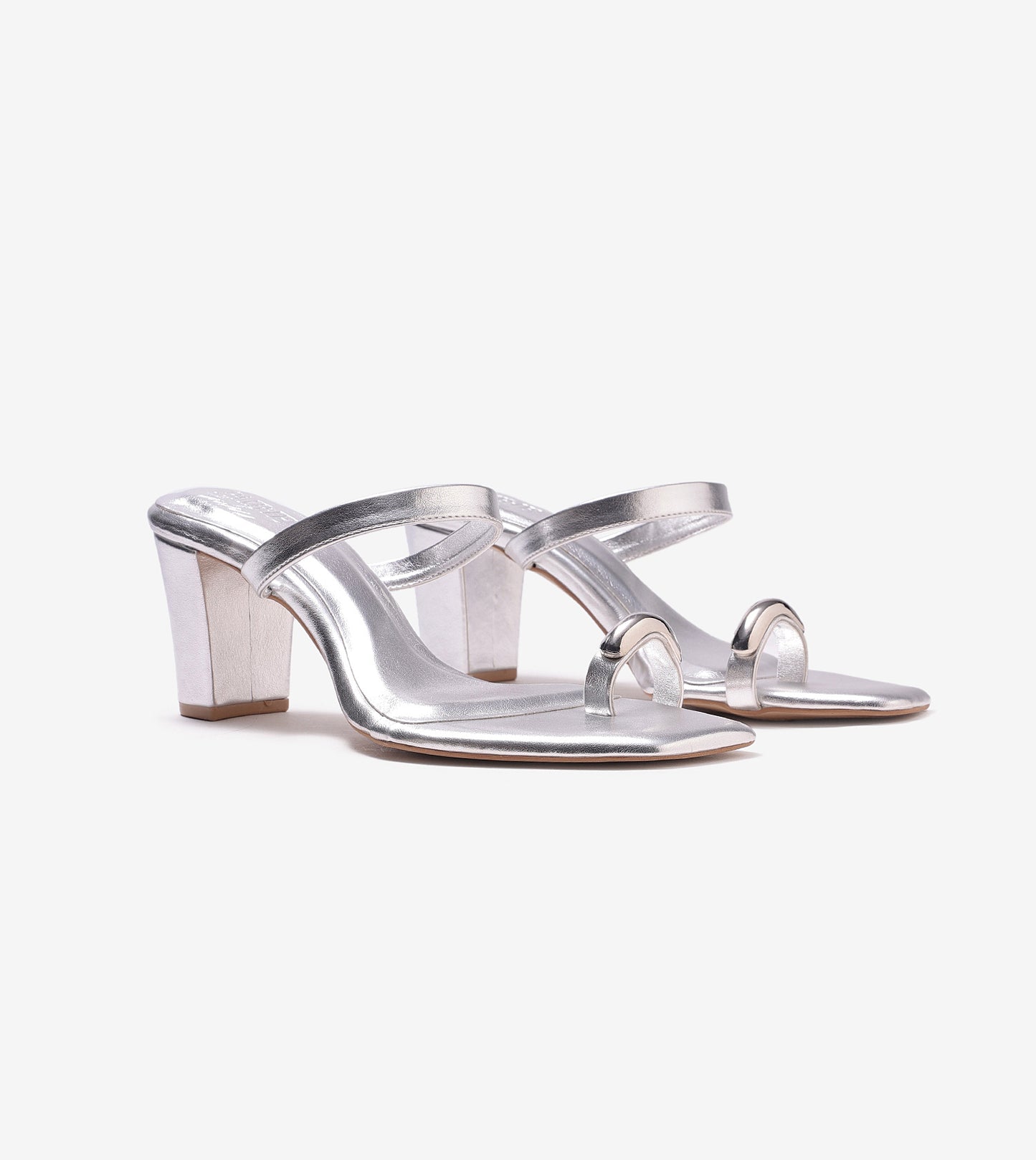 Metallic Accent Toe-Ring Heeled Mules - Silver
