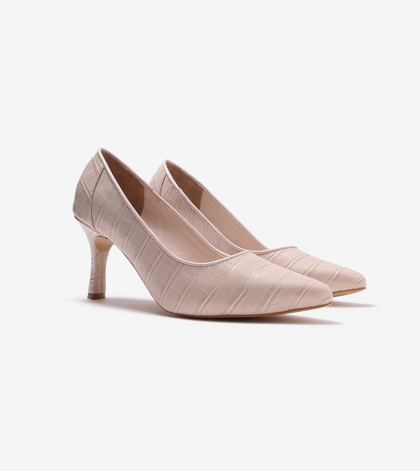 Patent Croc-Effect Print Pointed Toe Pumps - Cream