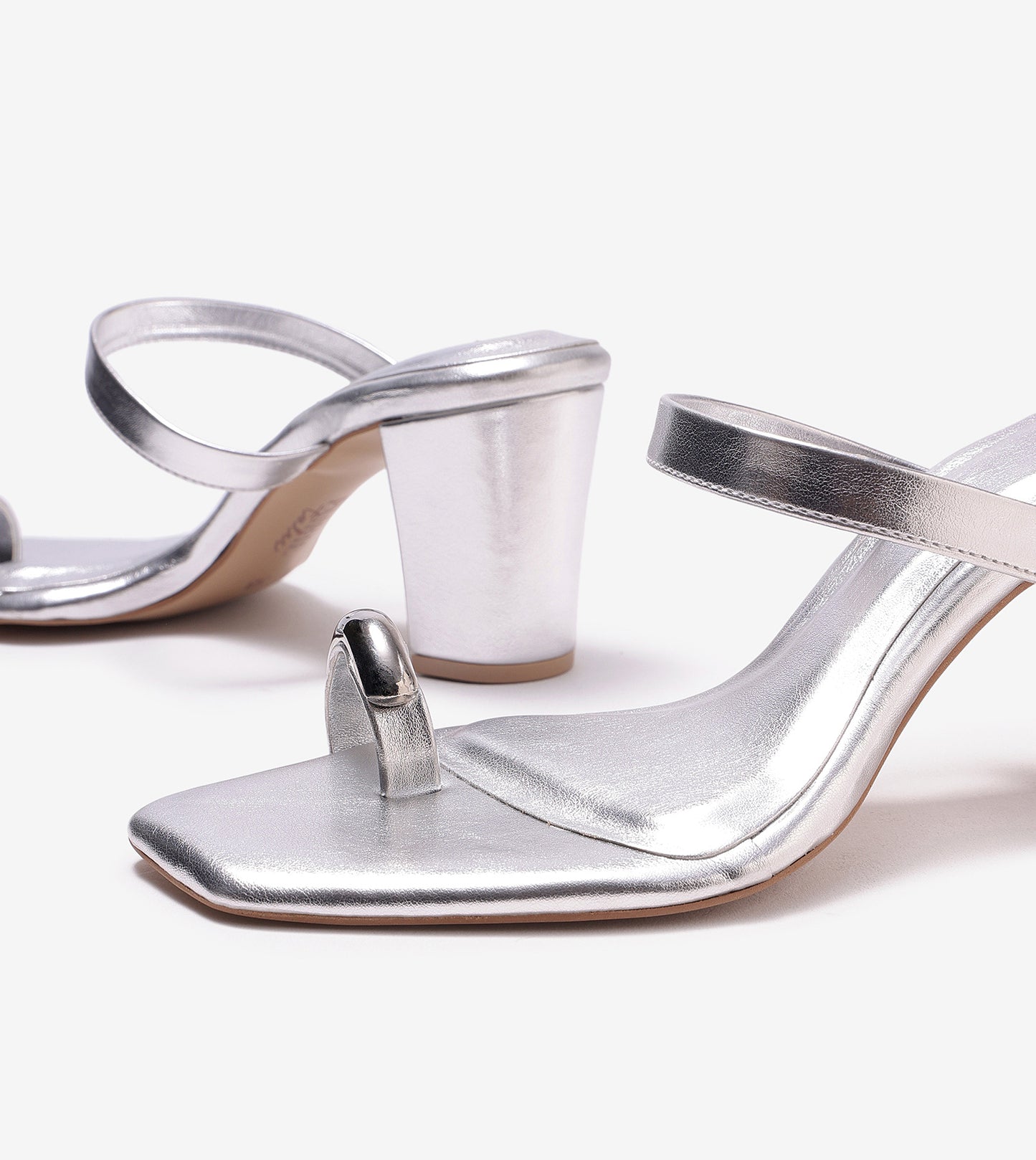 Metallic Accent Toe-Ring Heeled Mules - Silver