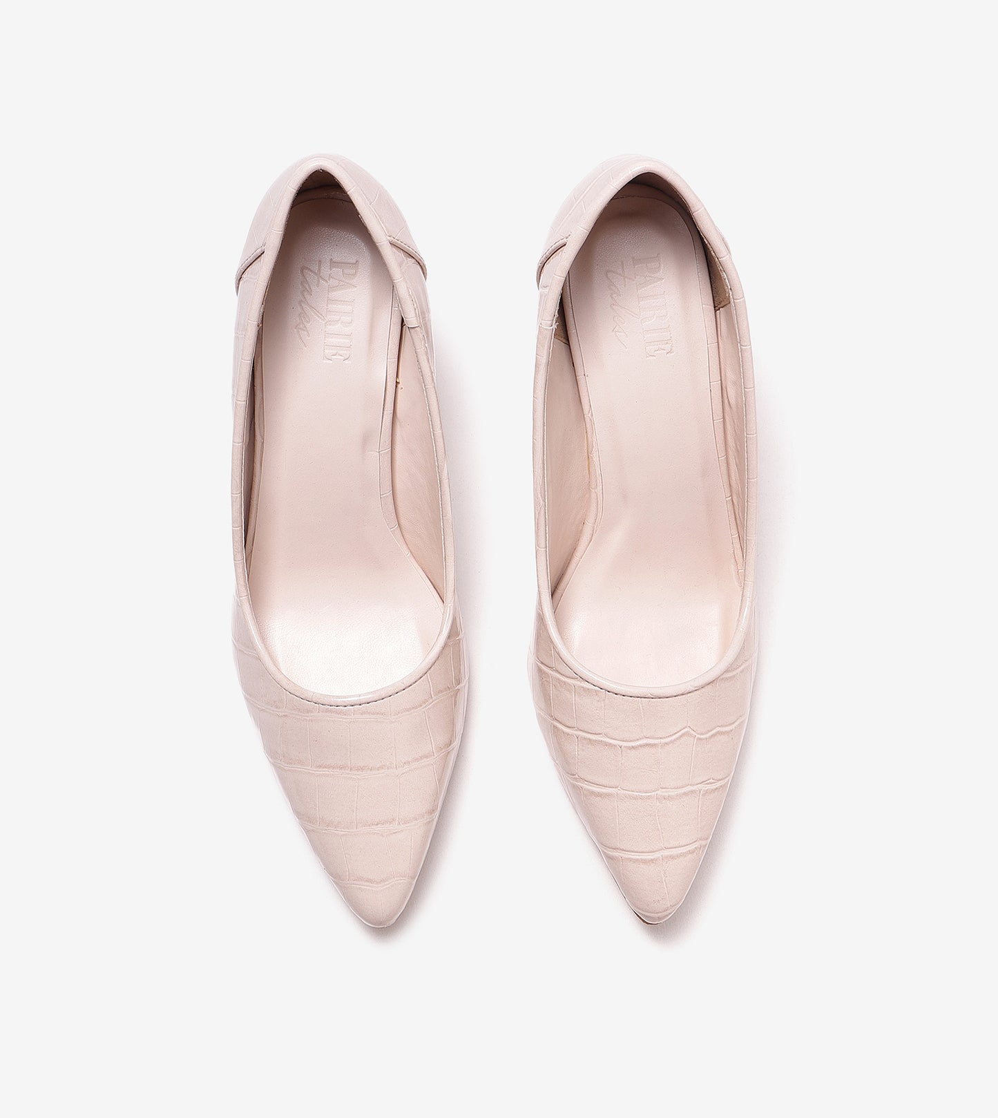 Patent Croc-Effect Print Pointed Toe Pumps - Cream