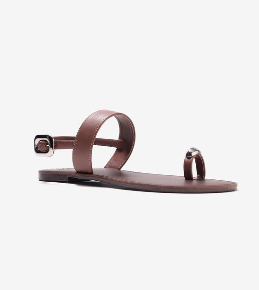 Metallic Accent Toe Ring Flat Sandals - Brown