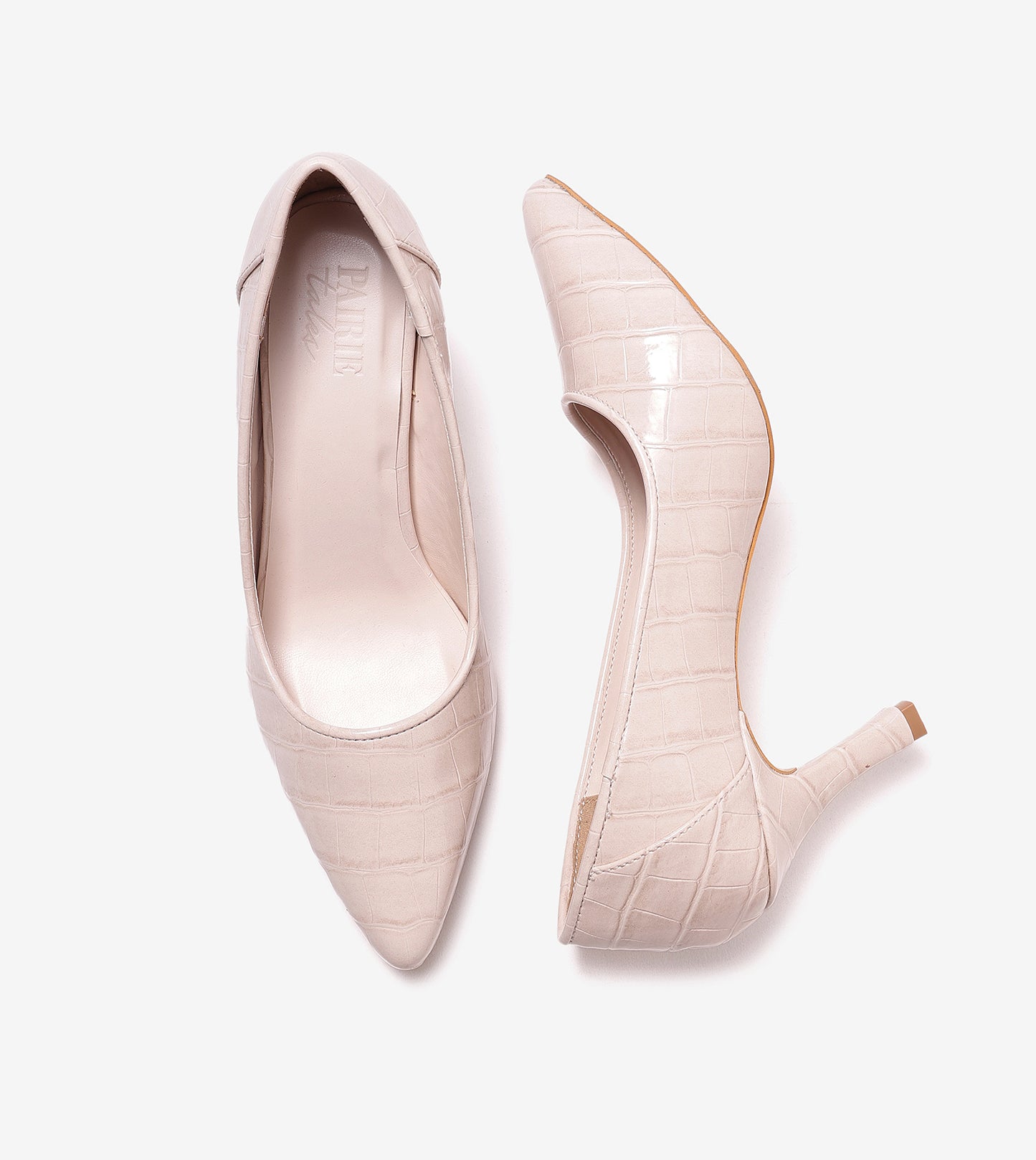 Patent Croc-Effect Print Pointed Toe Pumps - Cream