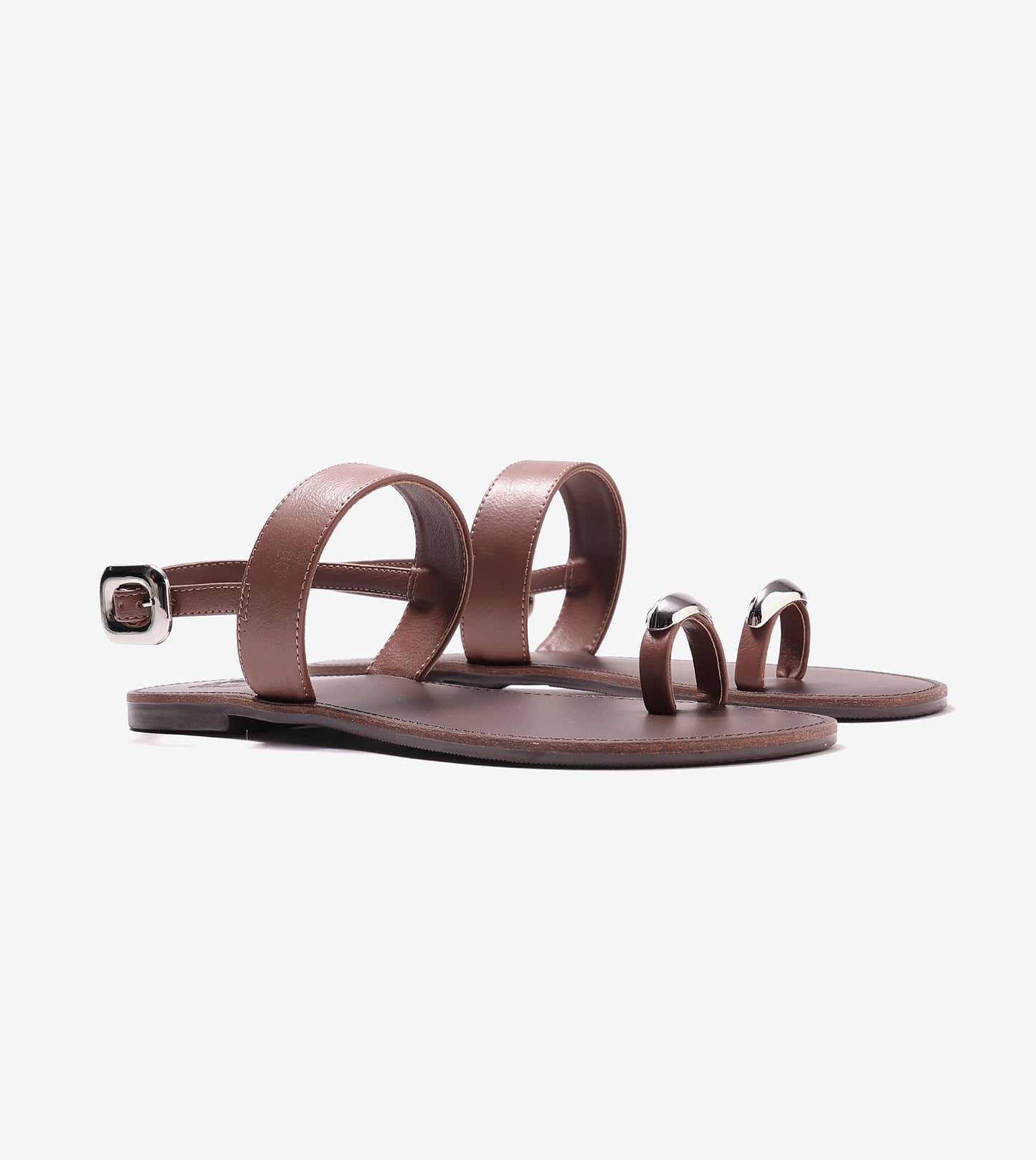 Metallic Accent Toe Ring Flat Sandals - Brown