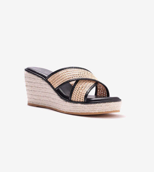 Woven Cross Strap Espadrille Wedges - Black