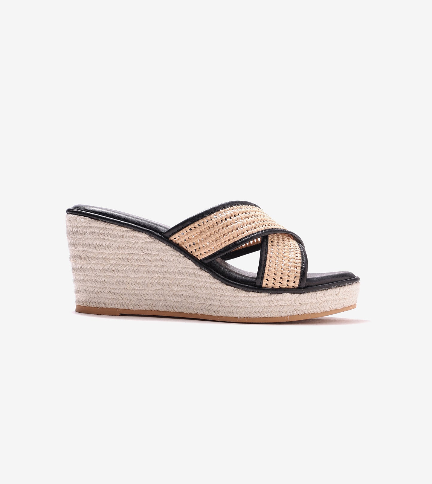 Woven Cross Strap Espadrille Wedges - Black