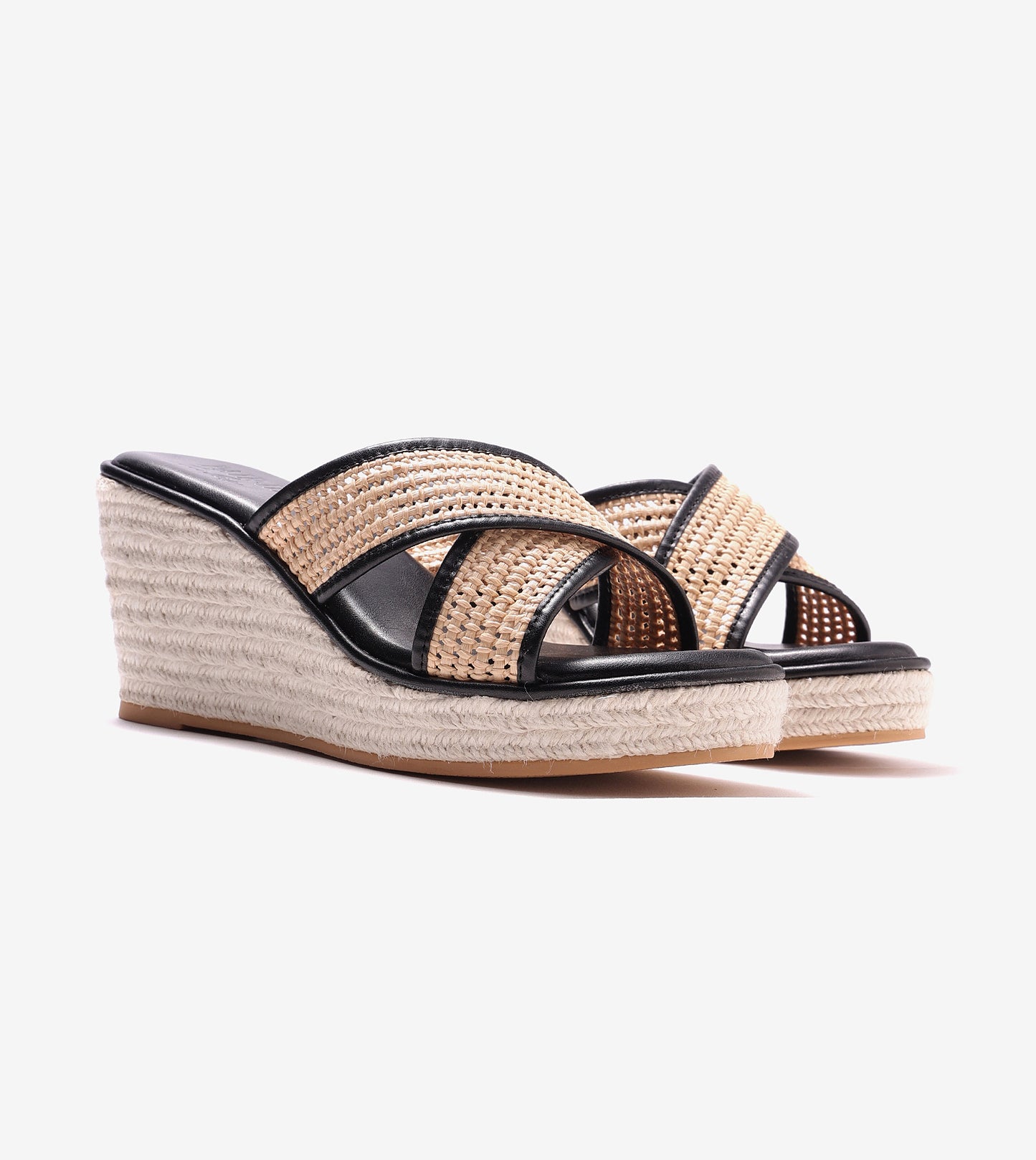 Woven Cross Strap Espadrille Wedges - Black