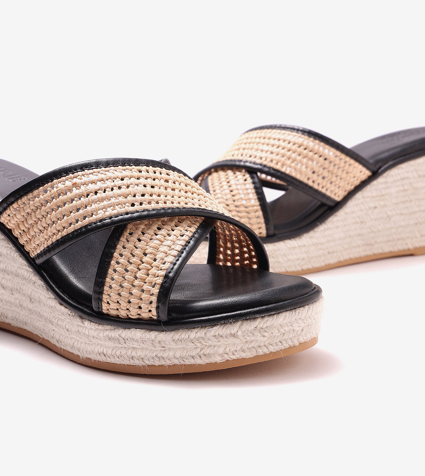 Woven Cross Strap Espadrille Wedges - Black