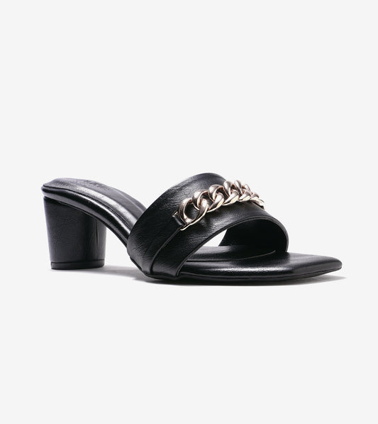 Chain Link Heeled Mules - Black