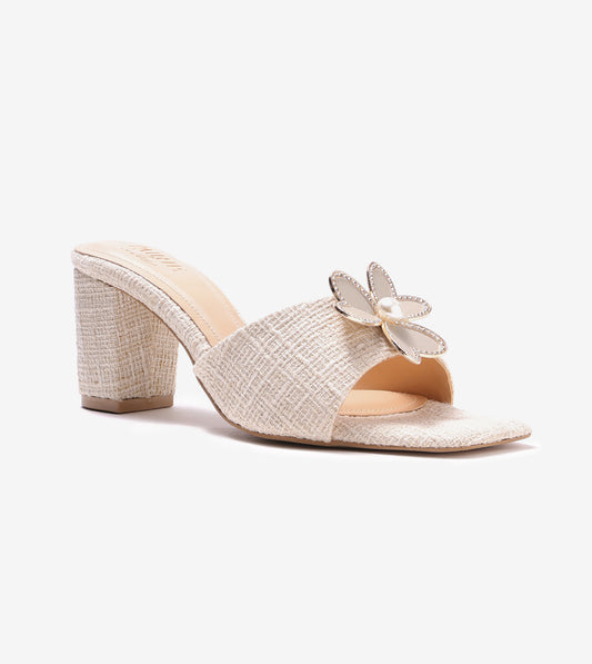 Jute Block Heeled Mule With Metal Adornment - Cream