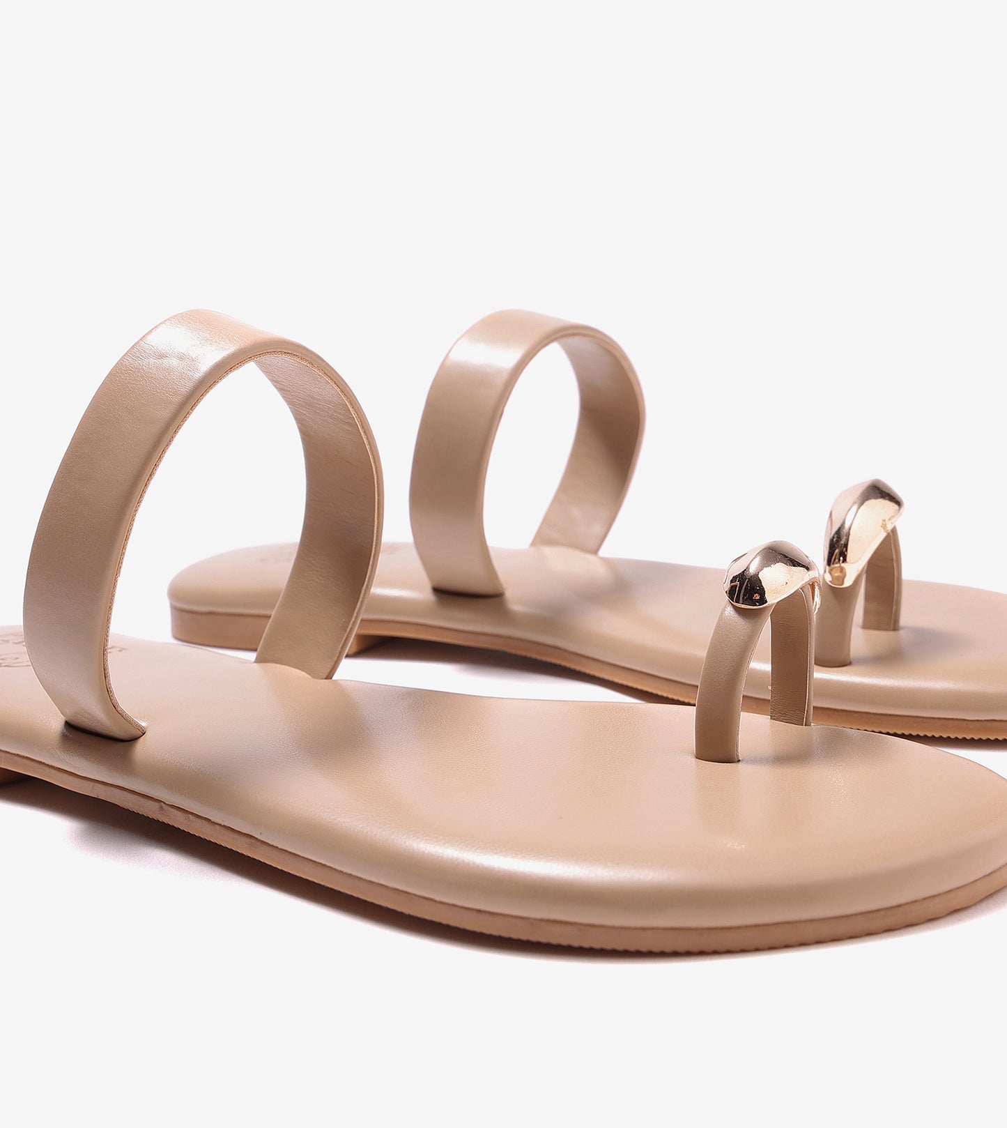 Patent Flat Sandals With Metallic Embellishment - Beige