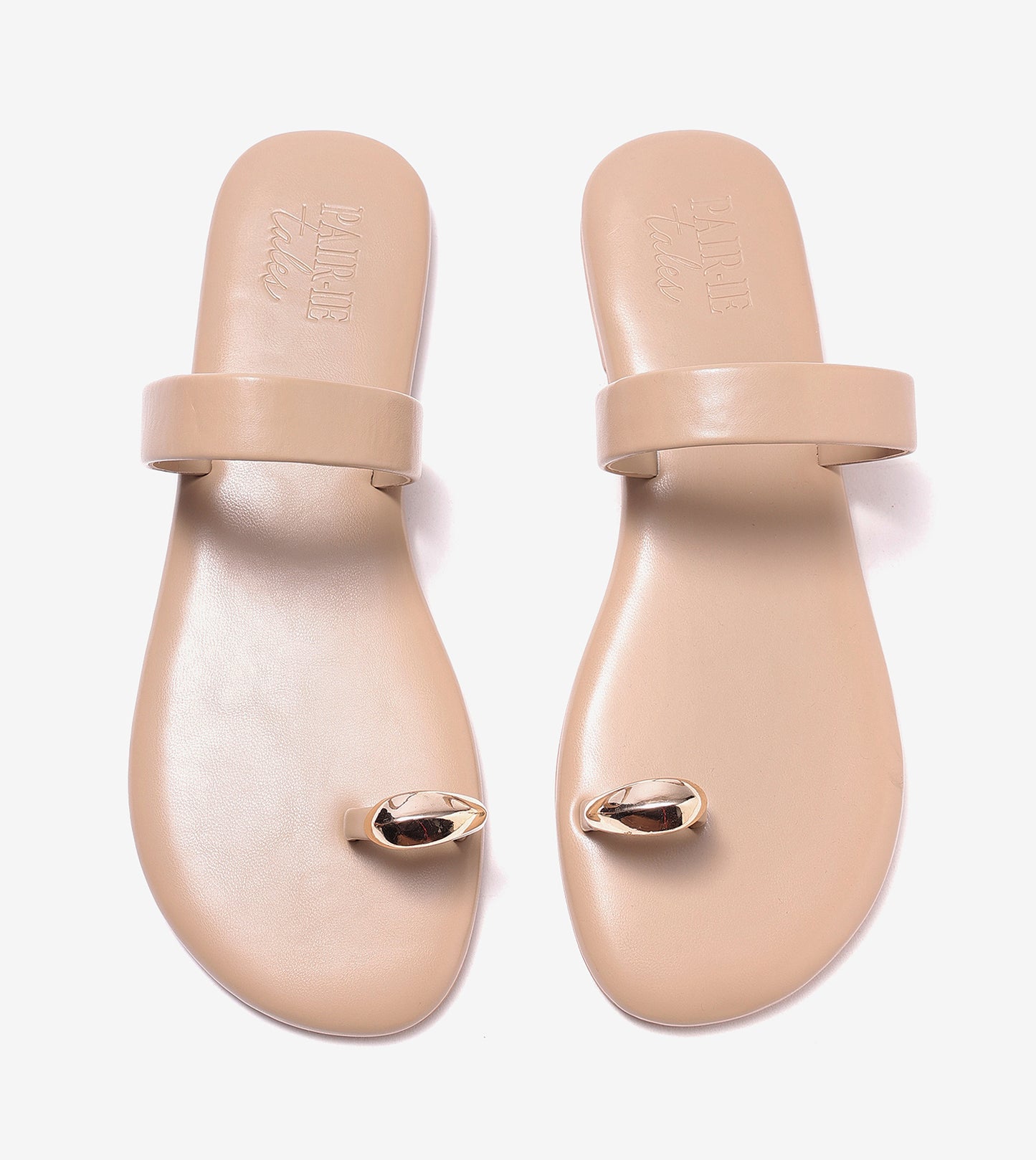 Patent Flat Sandals With Metallic Embellishment - Beige