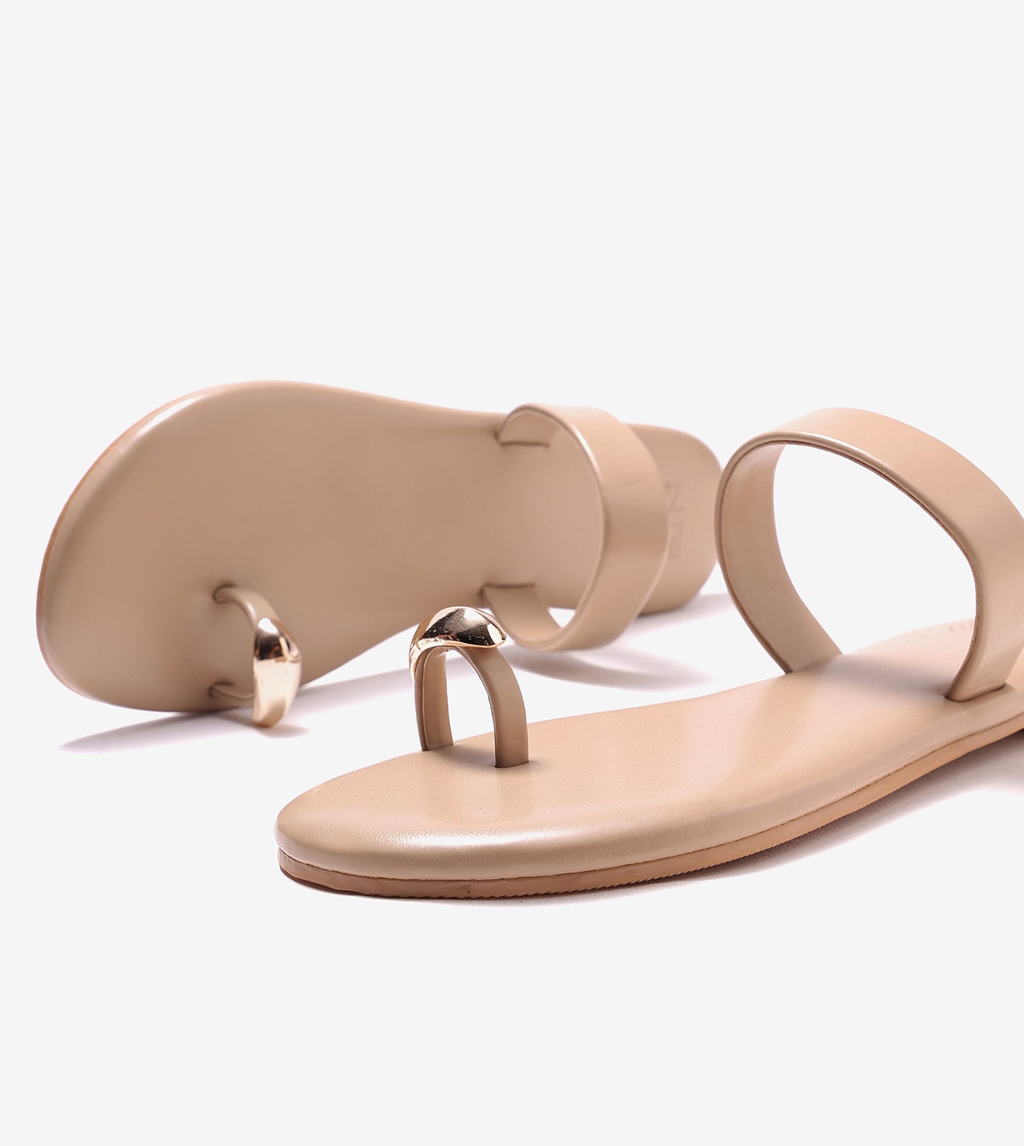 Patent Flat Sandals With Metallic Embellishment - Beige