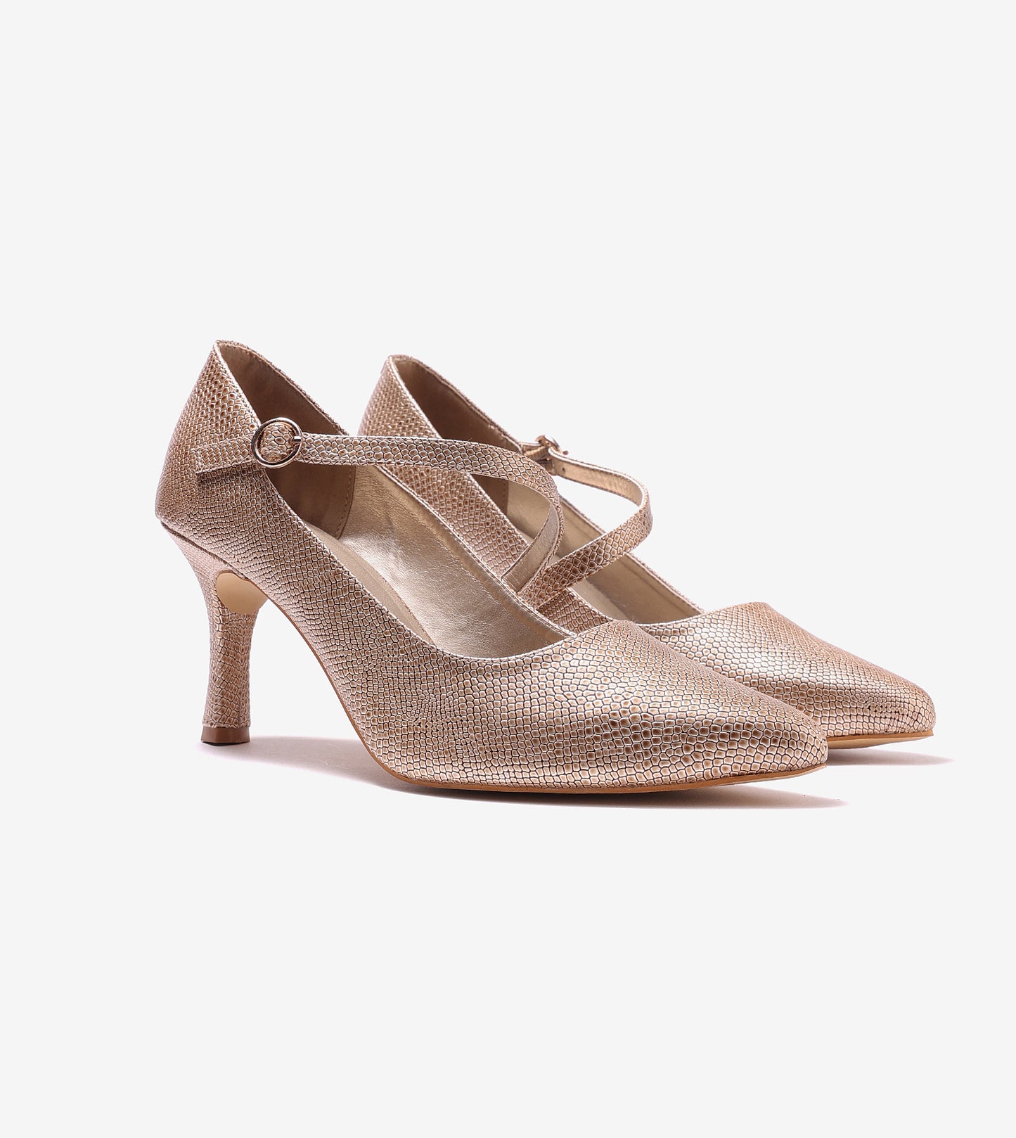 Asymmetric Textured Snake-Print Strappy Heeled Pumps - Gold