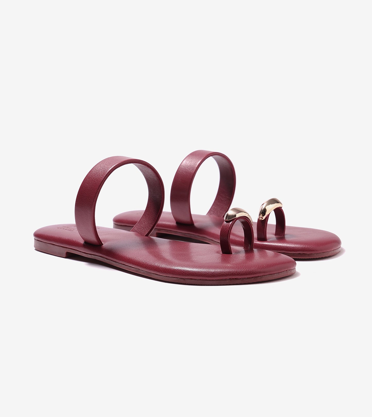 Patent Flat Sandals With Metallic Embellishment - Maroon