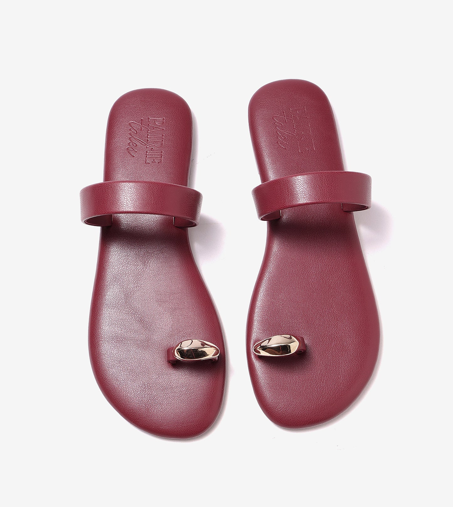Patent Flat Sandals With Metallic Embellishment - Maroon