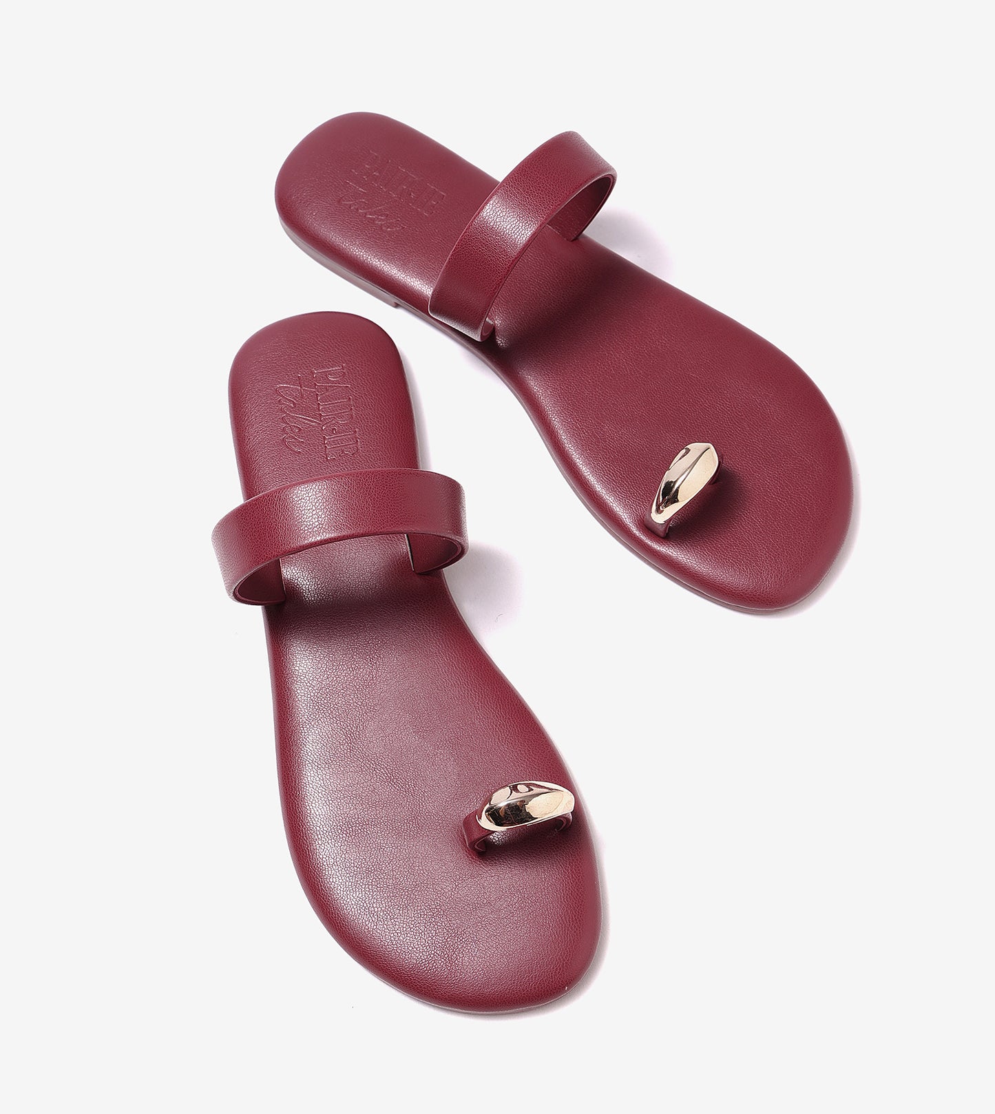 Patent Flat Sandals With Metallic Embellishment - Maroon