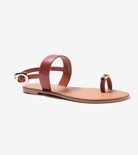 Metallic Accent Toe Ring Flat Sandals - Tan