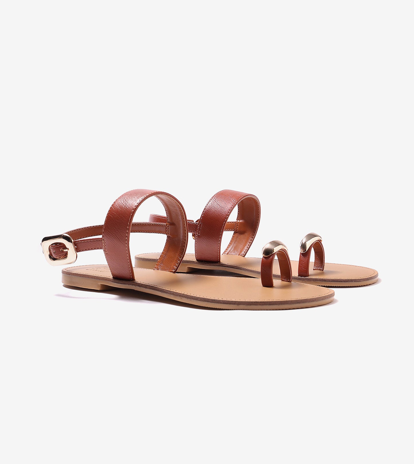 Metallic Accent Toe Ring Flat Sandals - Tan