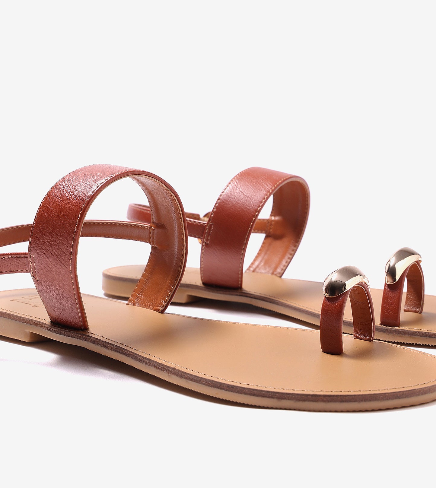 Metallic Accent Toe Ring Flat Sandals - Tan