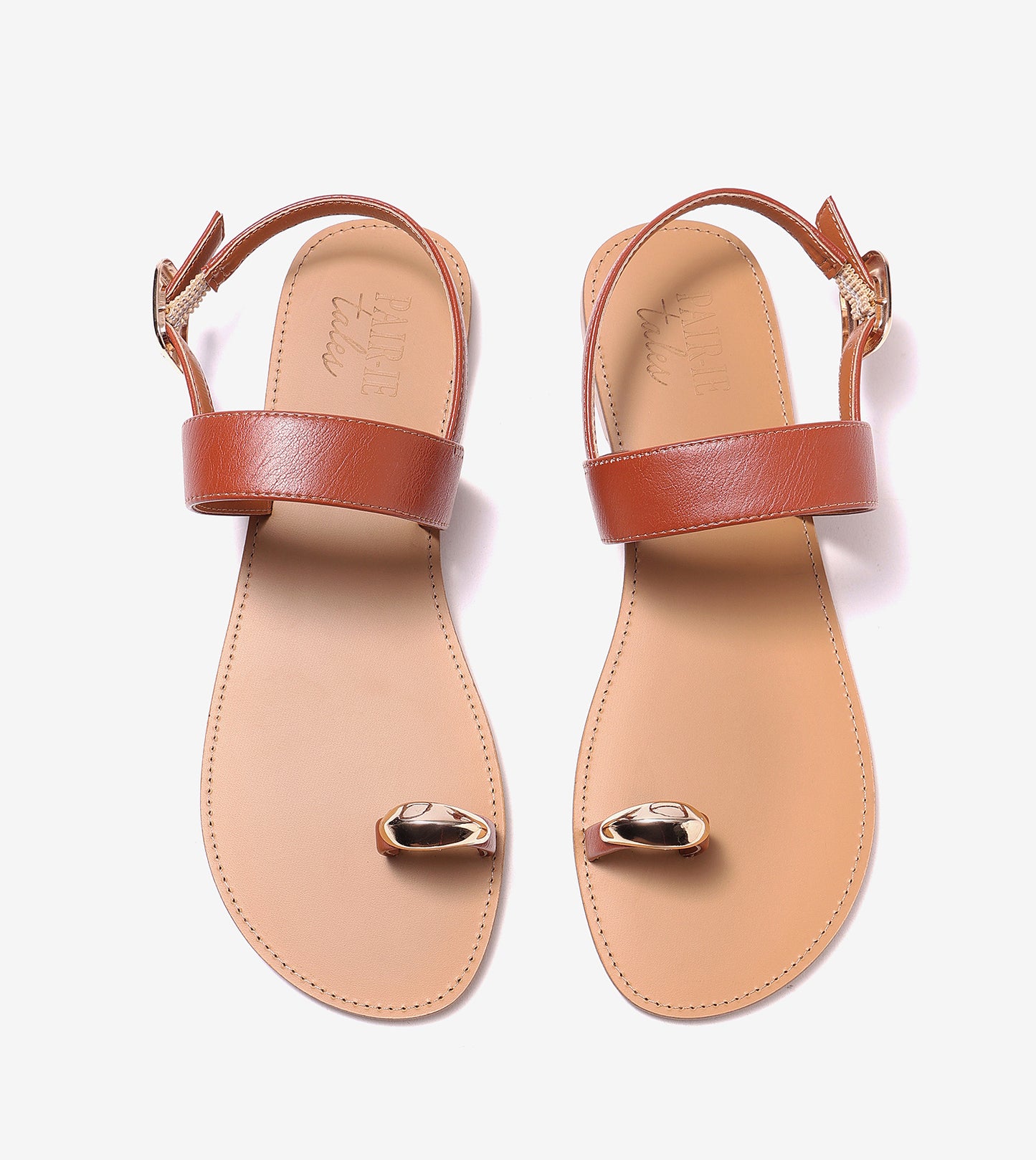 Metallic Accent Toe Ring Flat Sandals - Tan