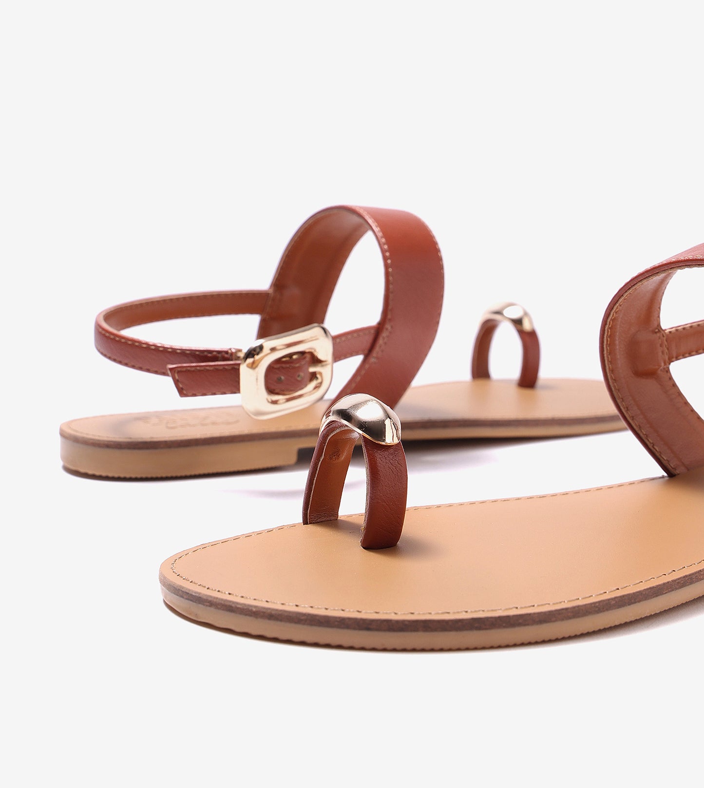 Metallic Accent Toe Ring Flat Sandals - Tan