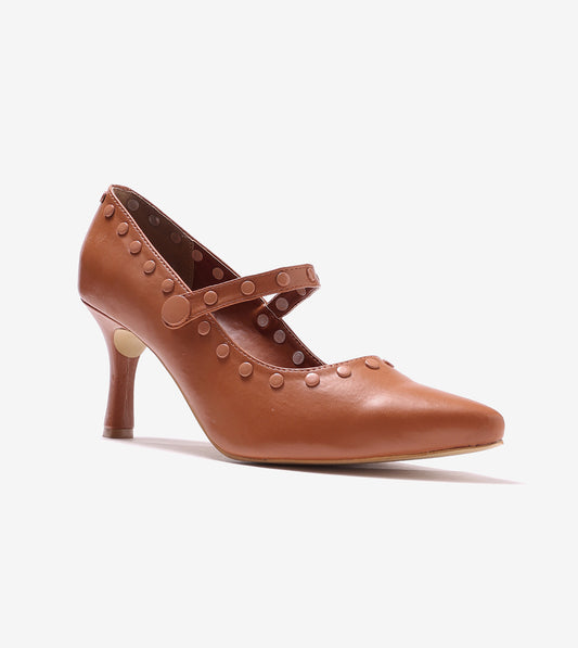 Pointed Toe Studded Mary Jane Pumps - Tan