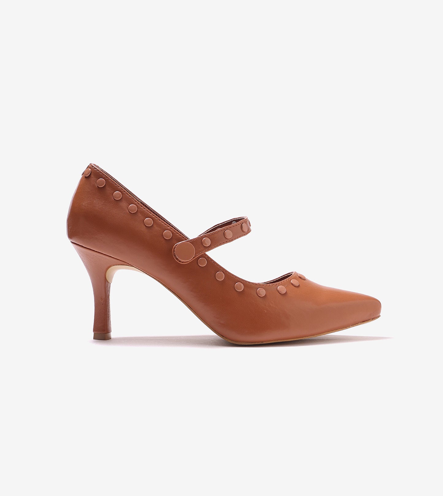 Pointed Toe Studded Mary Jane Pumps - Tan