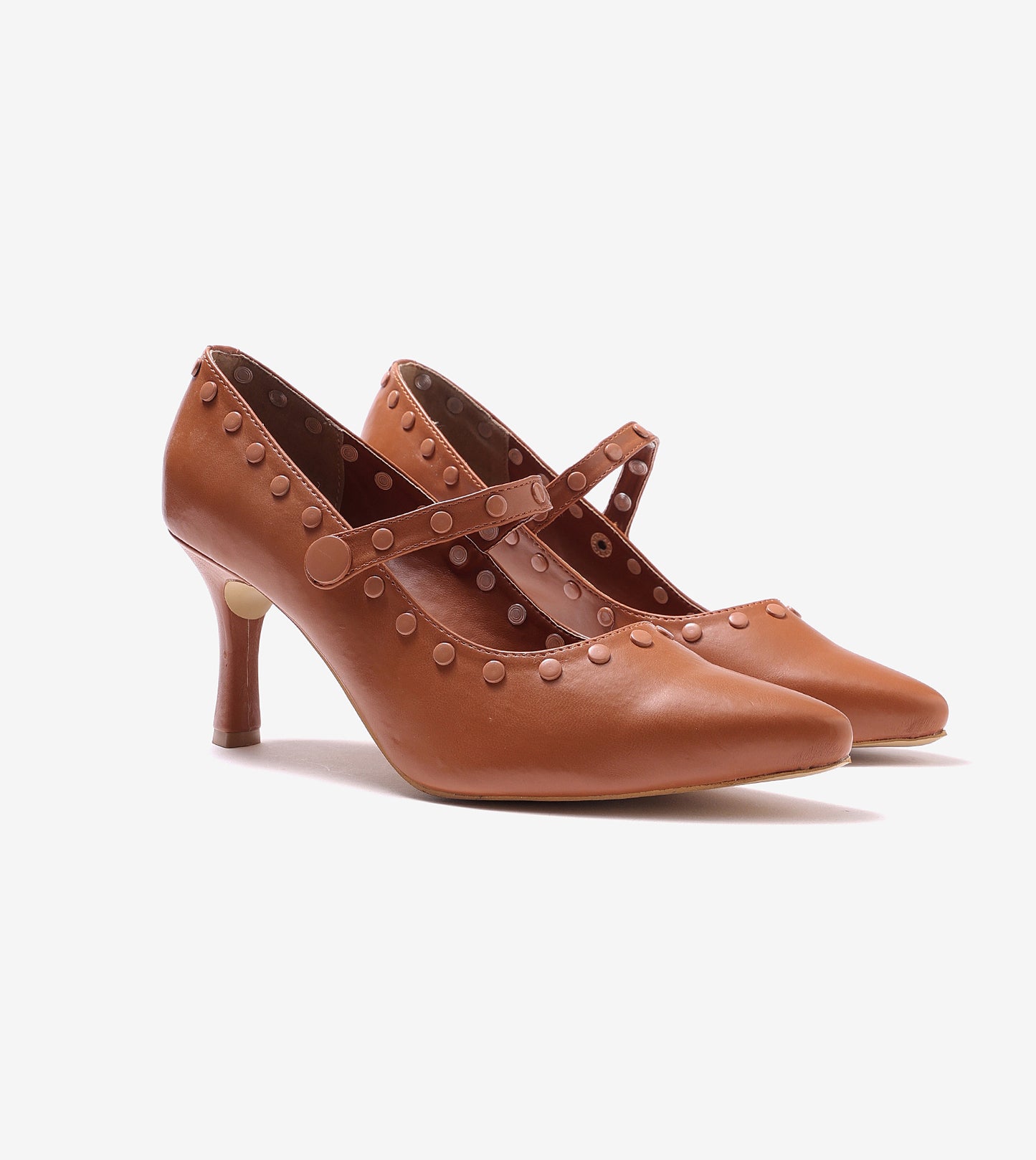 Pointed Toe Studded Mary Jane Pumps - Tan