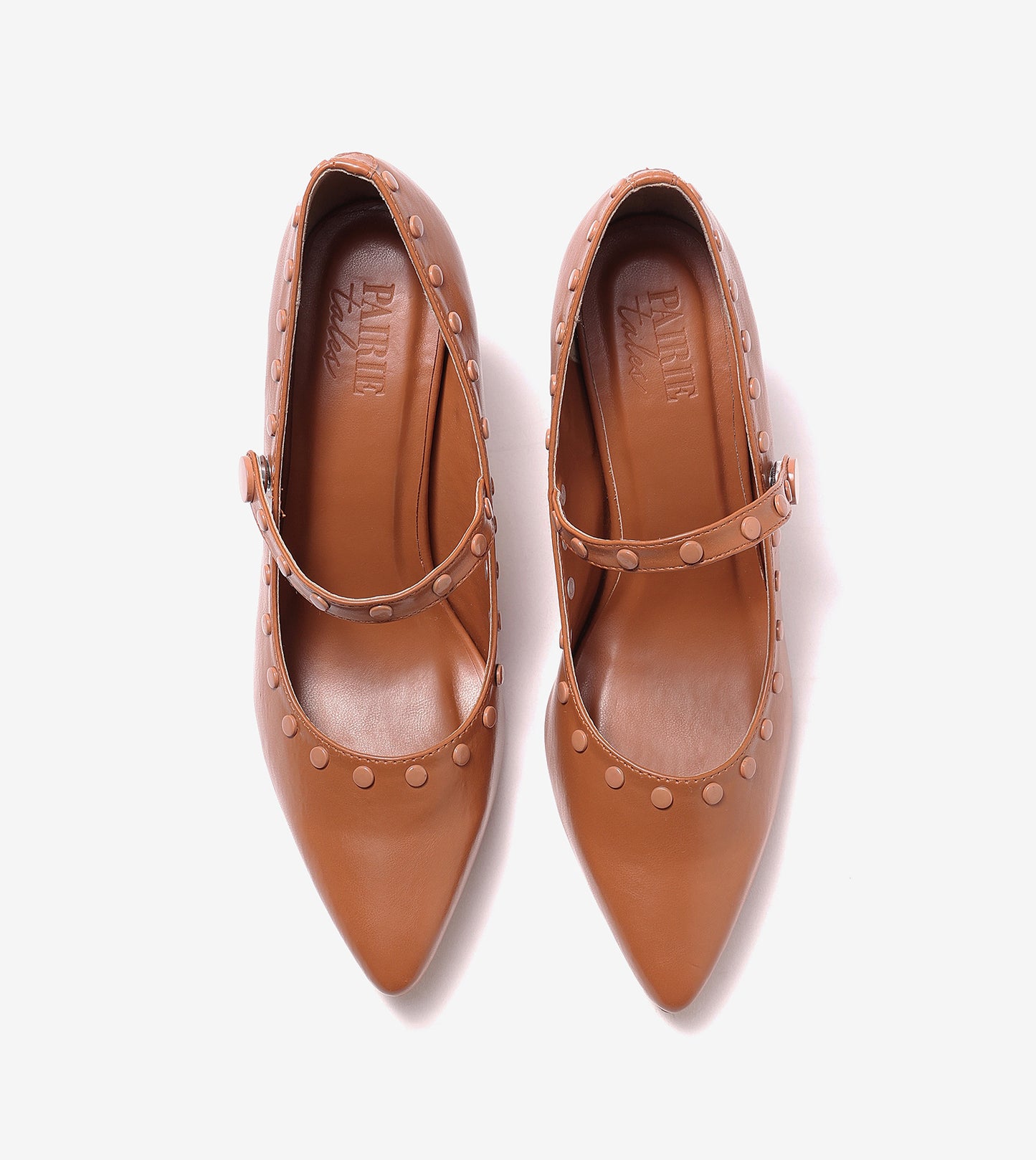 Pointed Toe Studded Mary Jane Pumps - Tan