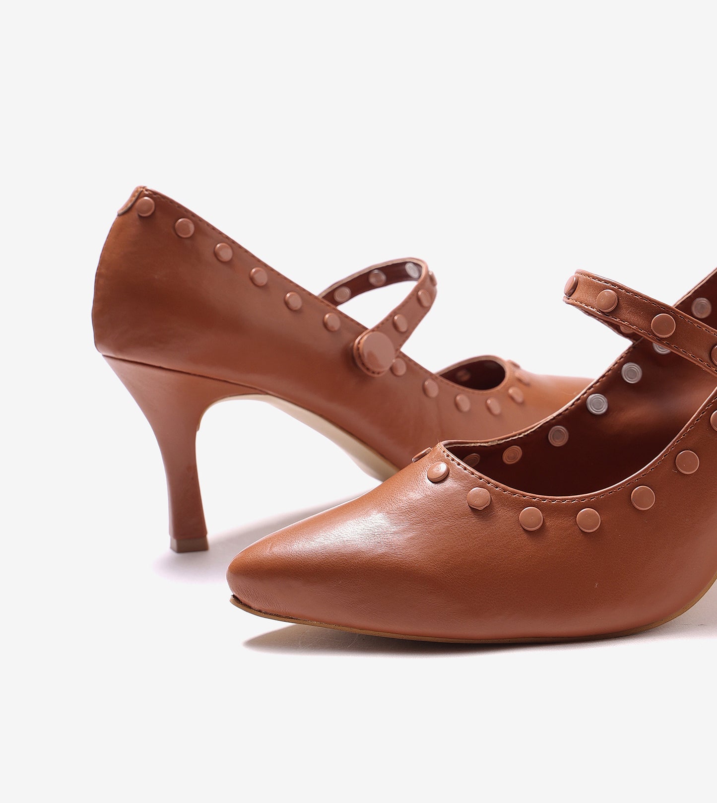 Pointed Toe Studded Mary Jane Pumps - Tan