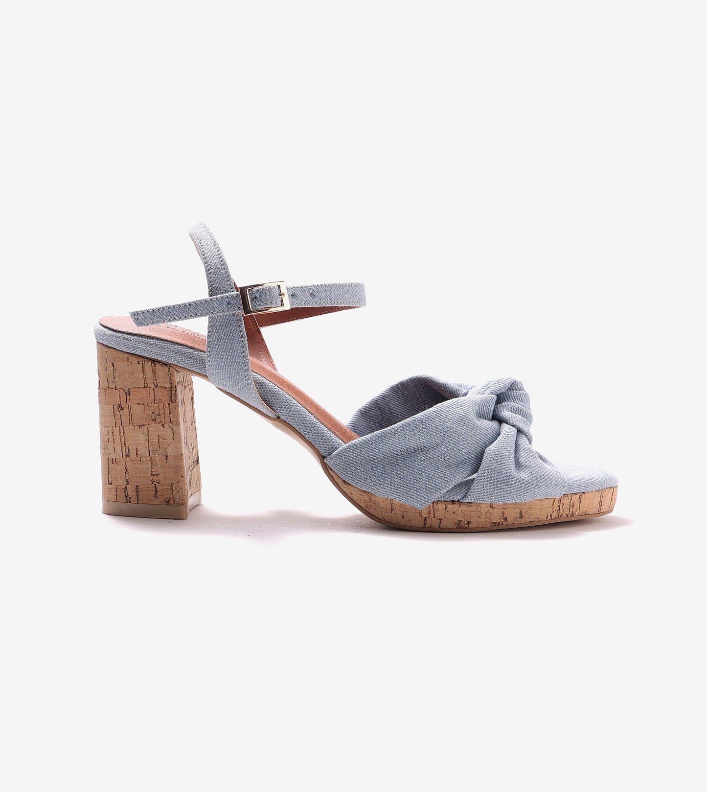 Denim Bow Detail Platform Heeled Sandals - Light Blue