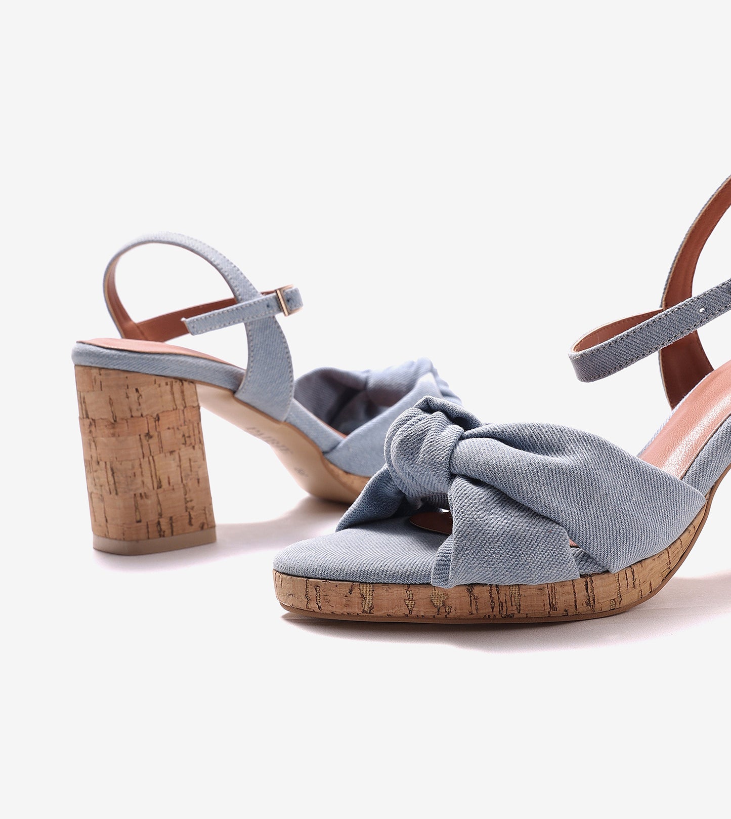Denim Bow Detail Platform Heeled Sandals - Light Blue