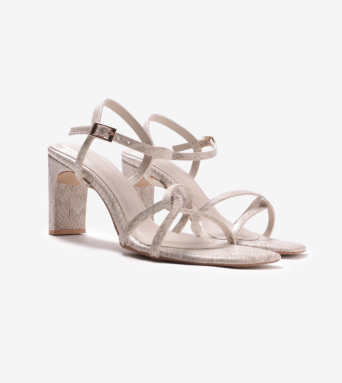 Snake Print Strappy Heeled Sandals - Stone