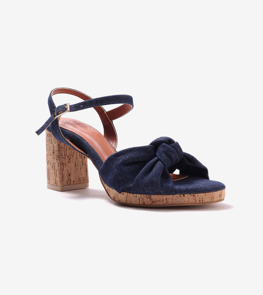 Denim Bow Detail Platform Heeled Sandals - Dark Blue