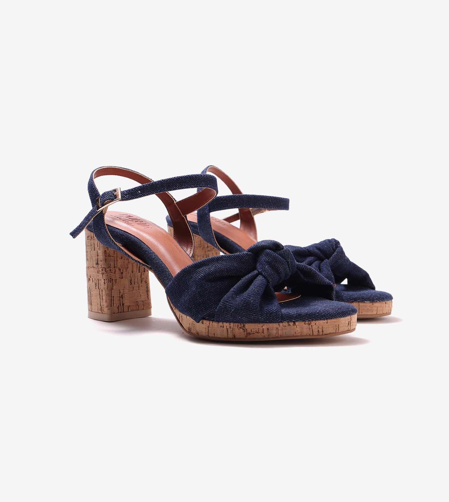 Denim Bow Detail Platform Heeled Sandals - Dark Blue