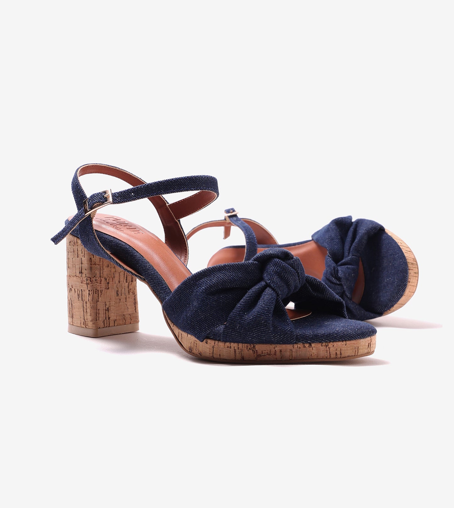 Denim Bow Detail Platform Heeled Sandals - Dark Blue