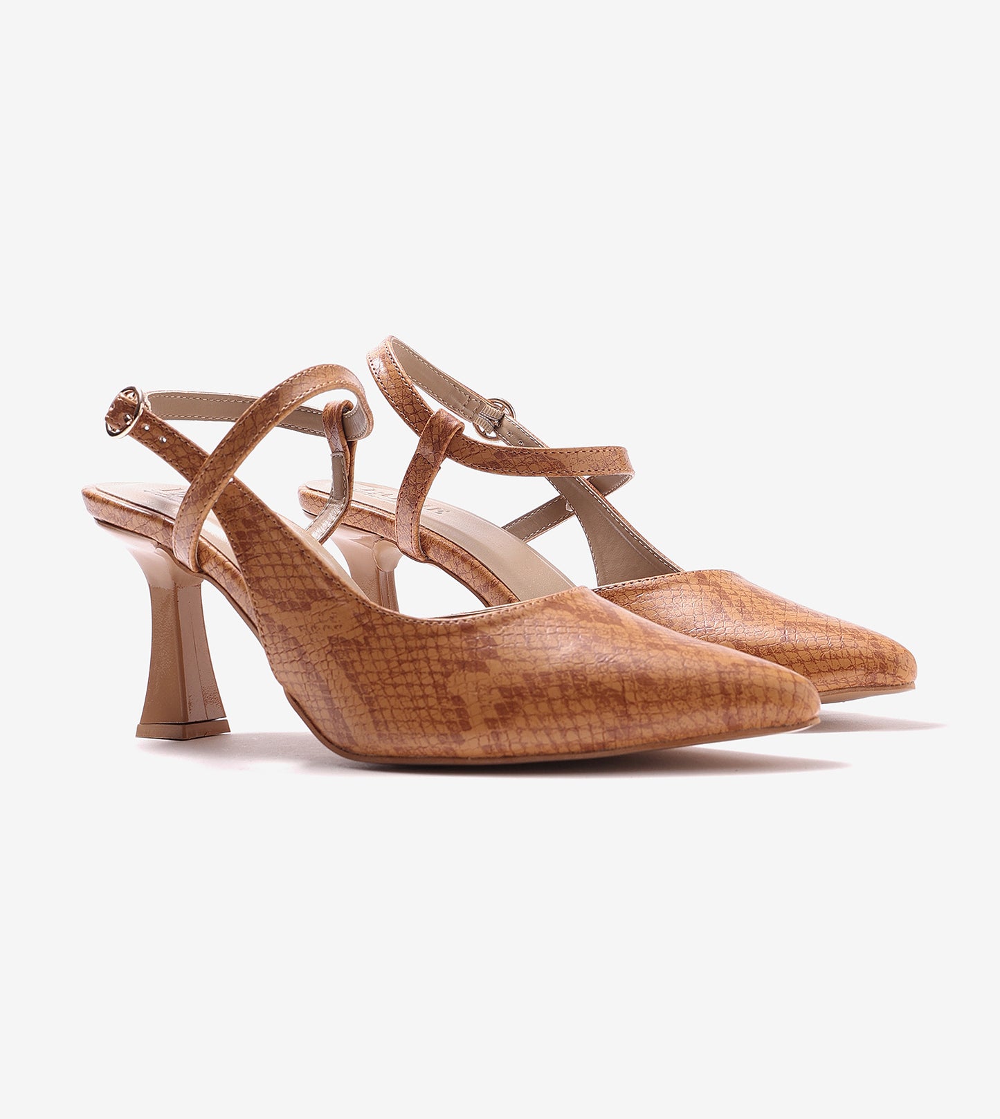 Snake Print Pointed Toe Slingback Pumps - Tan