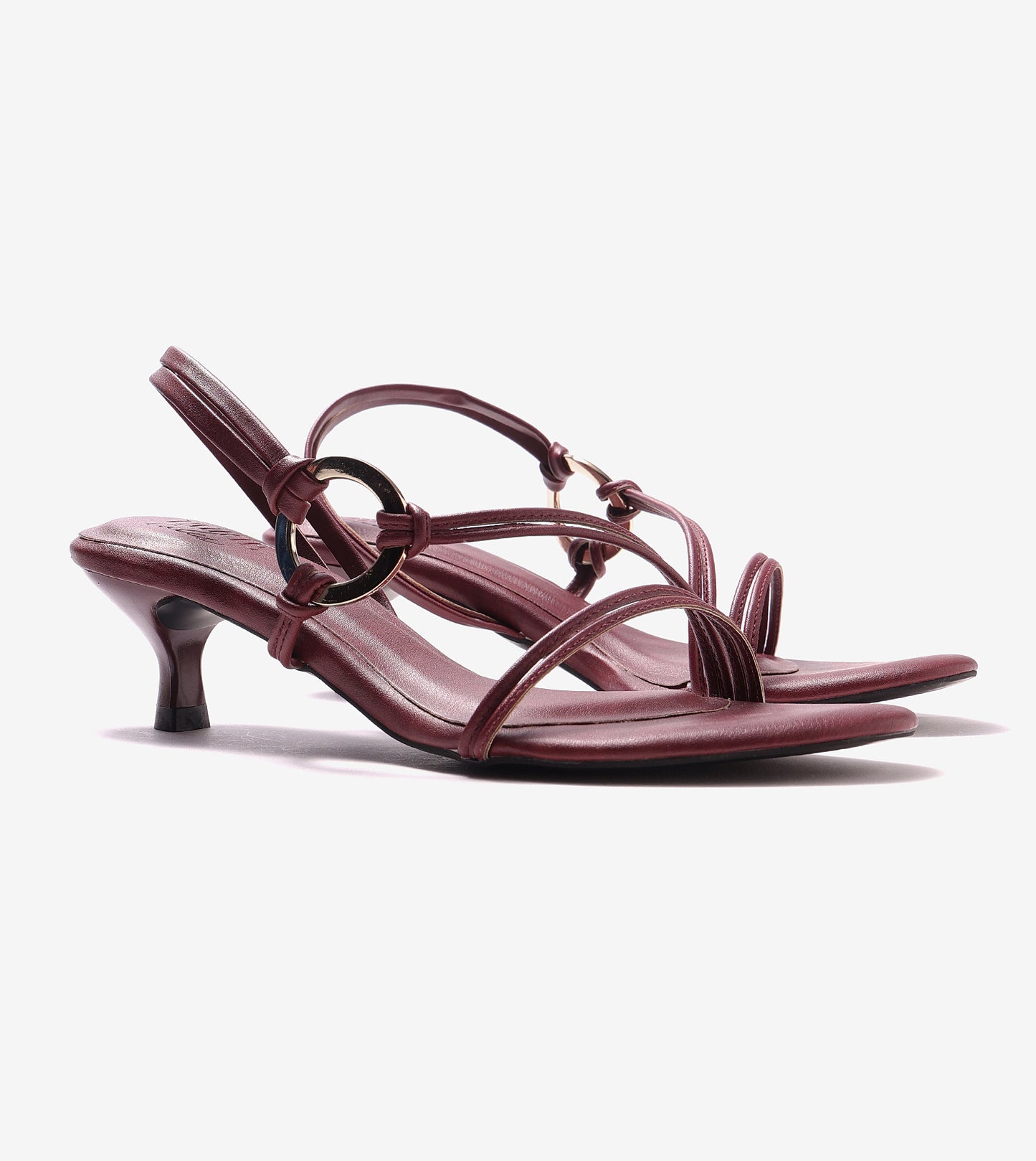 Strappy Kitten Heel With Metallic Adornment - Cherry
