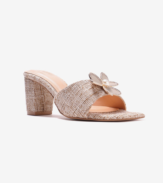 Jute Block Heeled Mule With Metal Adornment - Beige